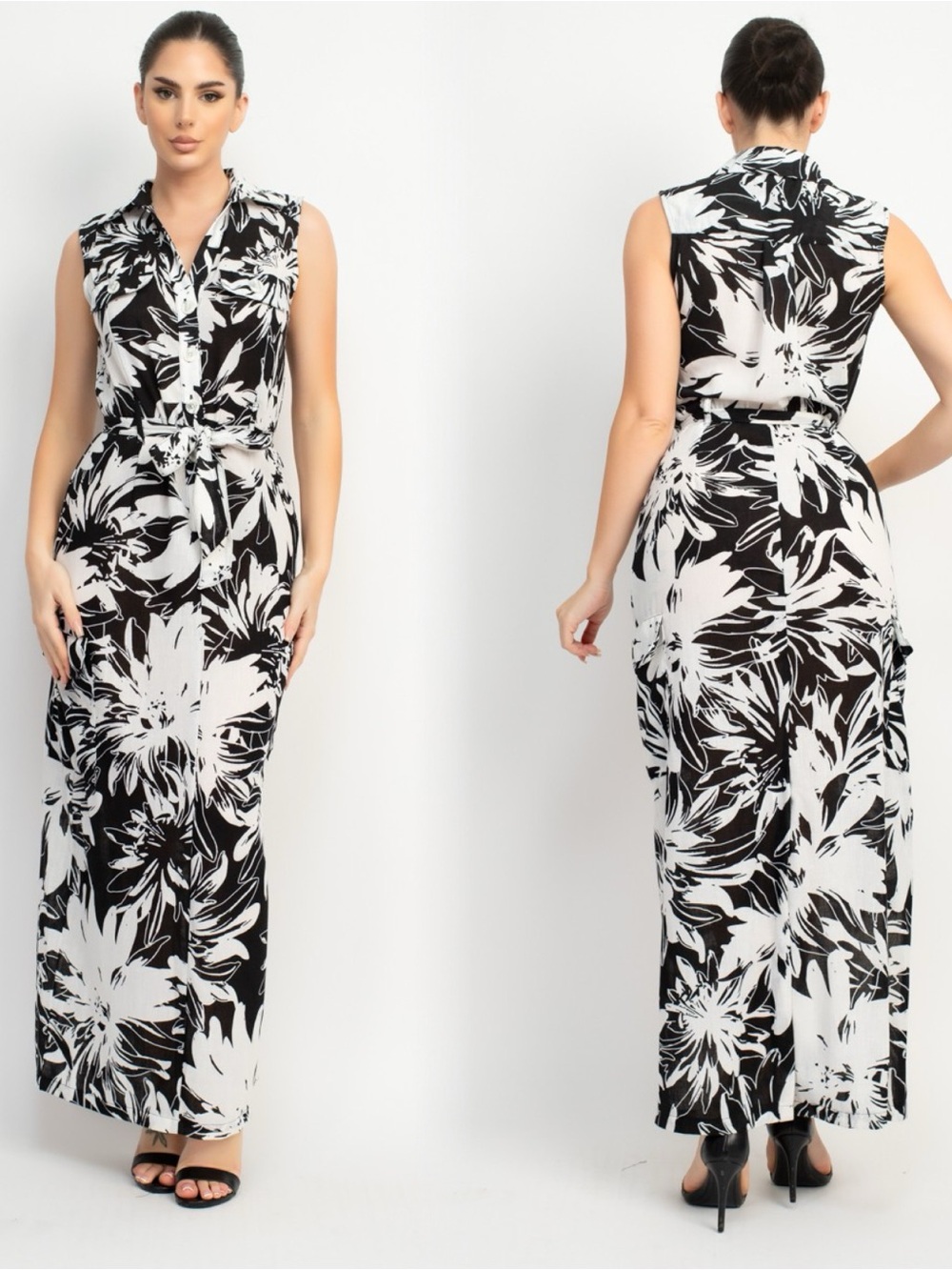 Sleeveless Black & White Floral Tie-Waist Maxi Dress - Picture 8 of 13